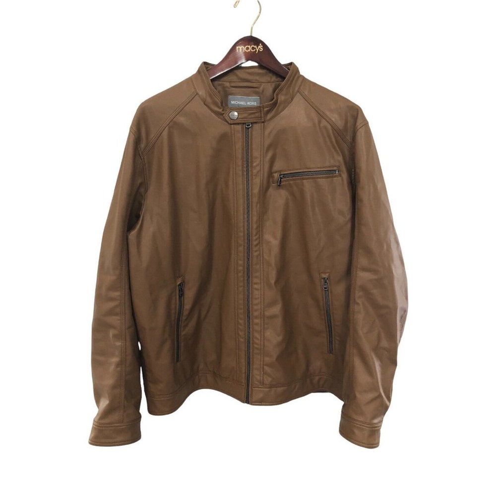 Michael Kors Men's Brown Faux Leather Moto Jacket Coat Size XXL‎